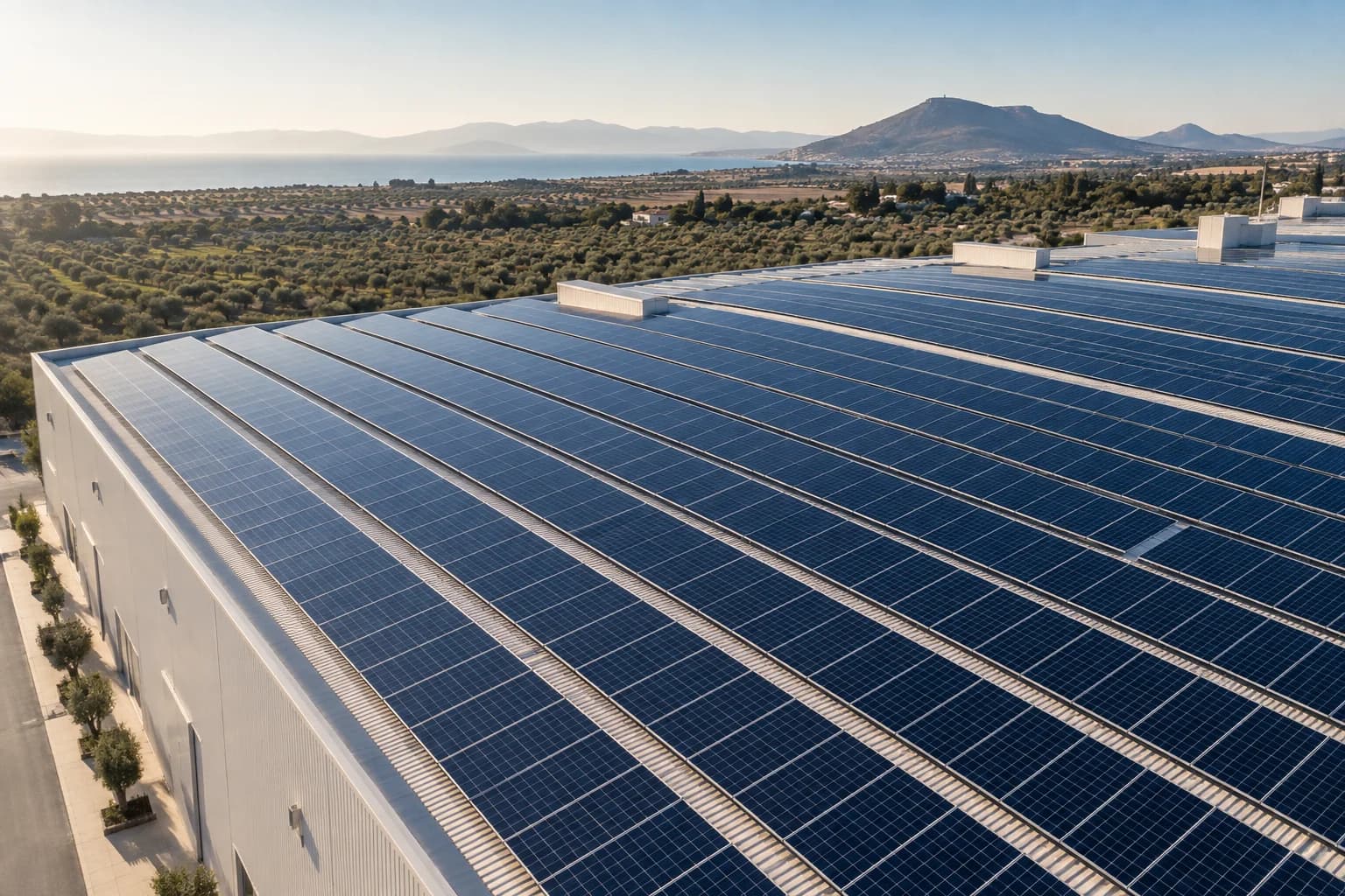 Illustration d’une toiture industrielle équipée de panneaux photovoltaïques dans un paysage méditerranéen